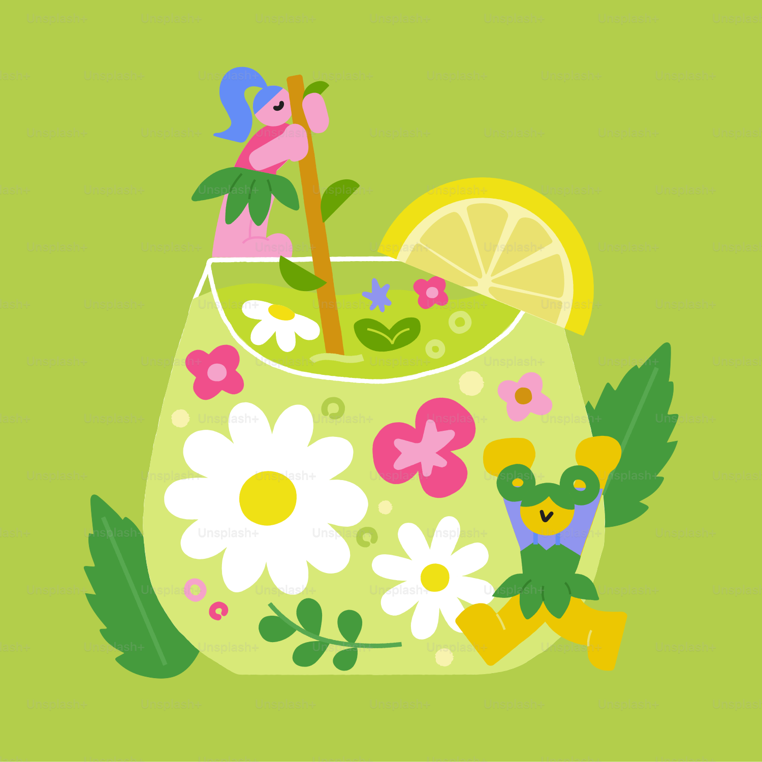 A whimsical cocktail decorated with flowers and a lemon slice.