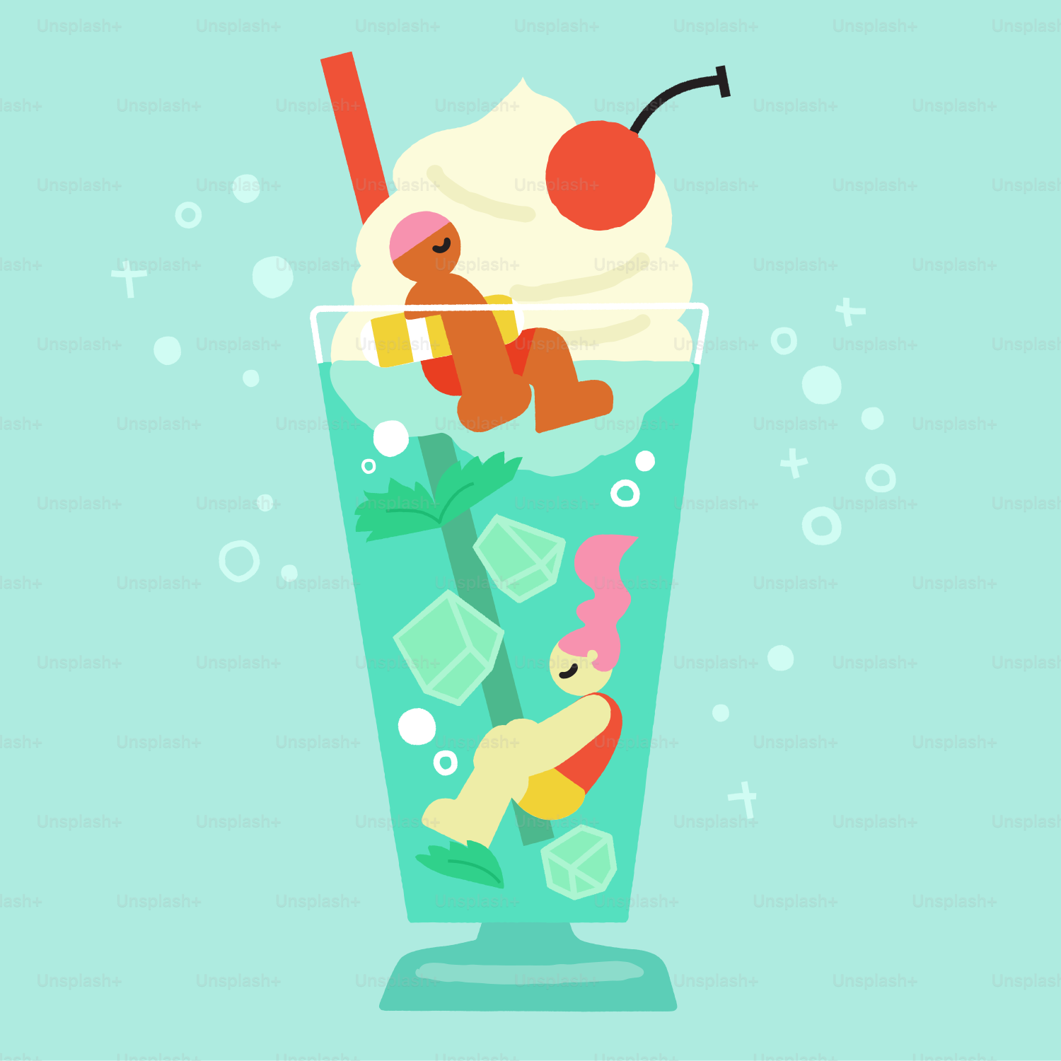 Cartoon people relaxing in a tall blue cocktail