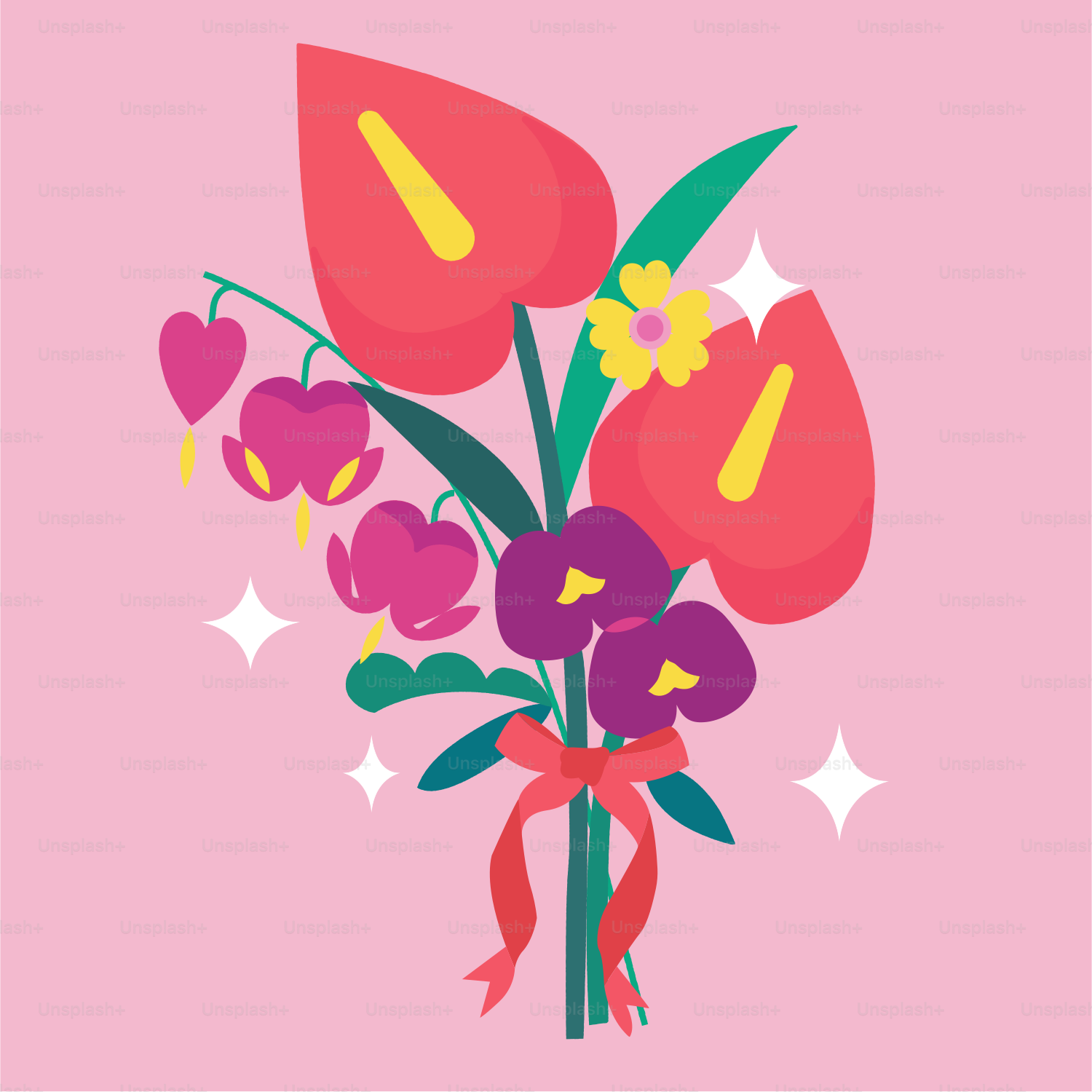 Ein bunter Blumenstrauß, gebunden mit einem roten Band.