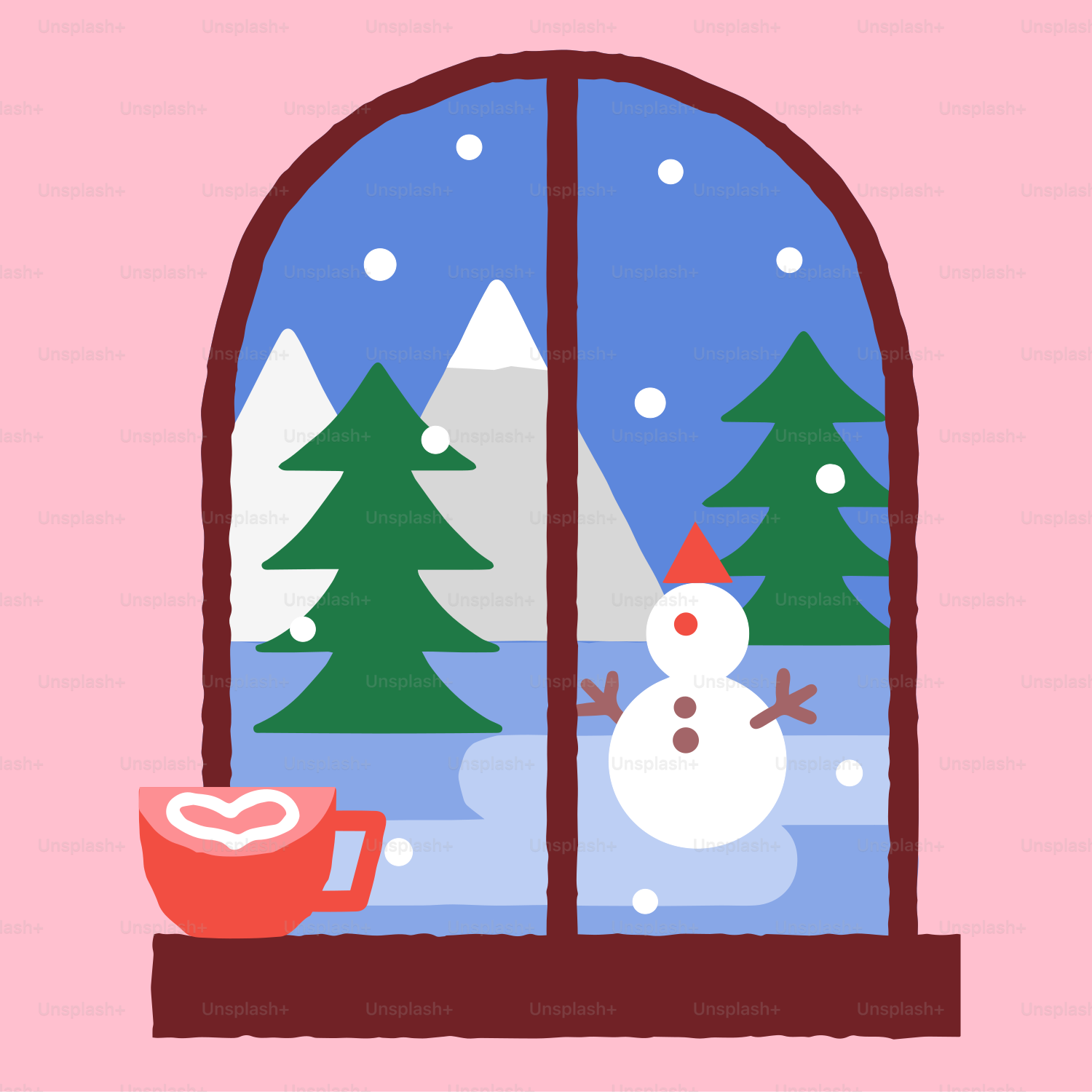 Winterszene mit Schneemann und Kaffee am Fenster