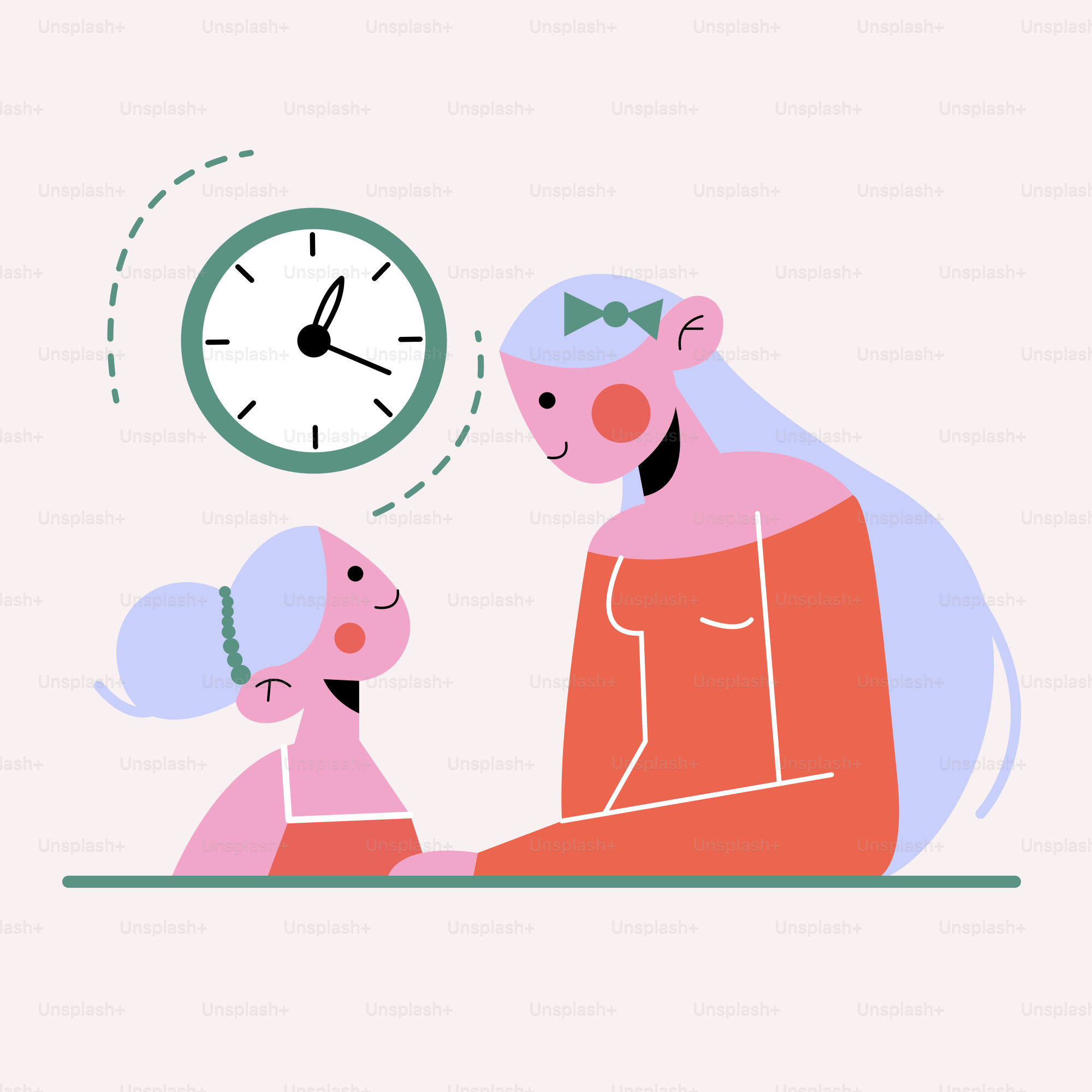 Mother and daughter looking at clock