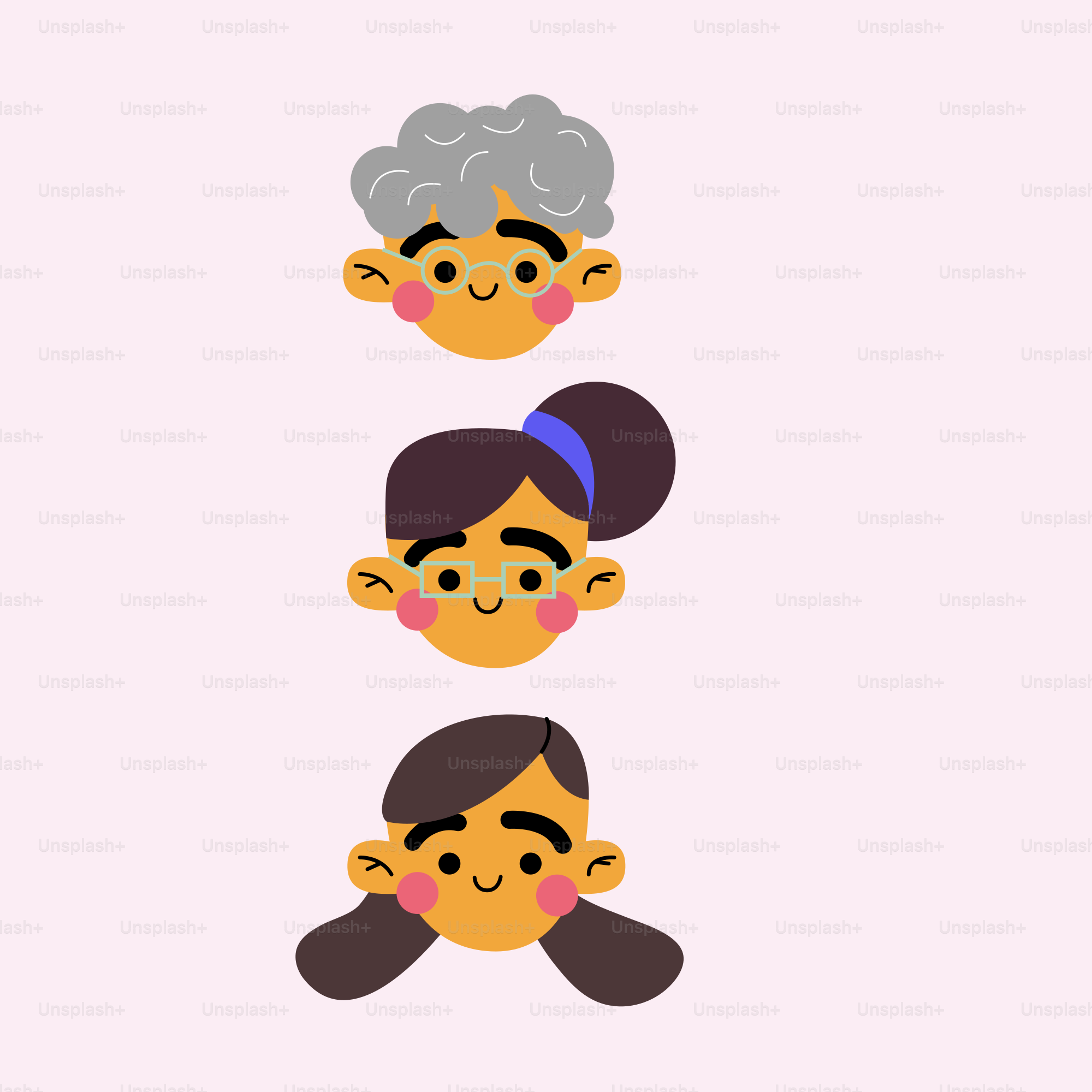 Drei stilisierte Gesichter unterschiedlichen Alters und Geschlechts.