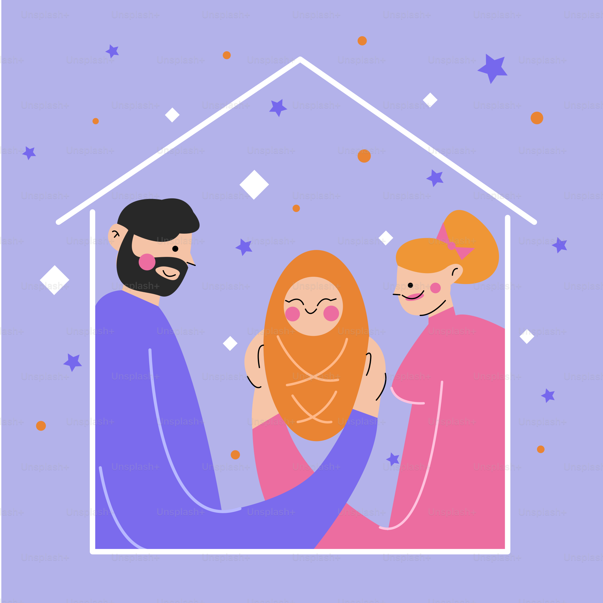 Família segurando um bebê recém-nascido dentro de um contorno de casa.