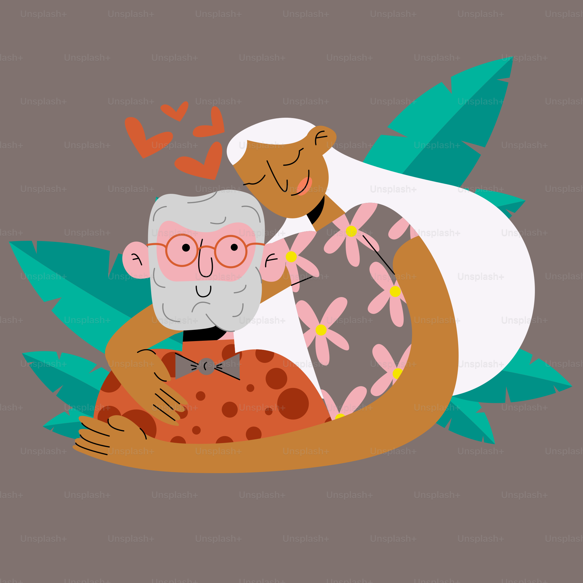 Elderly couple embracing with love and tropical leaves