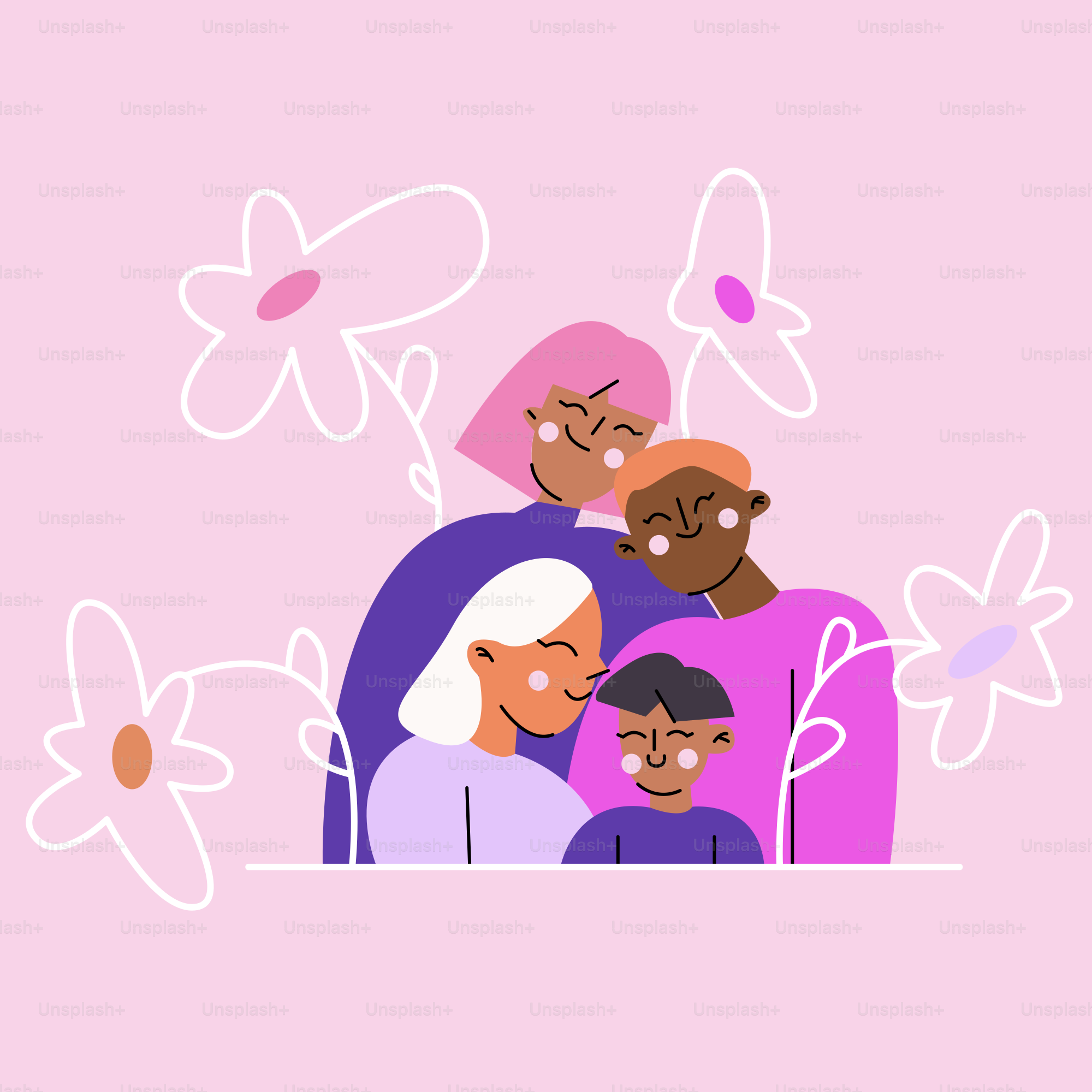 多様な家族がスタイライズされた花々の中で抱き合っています。