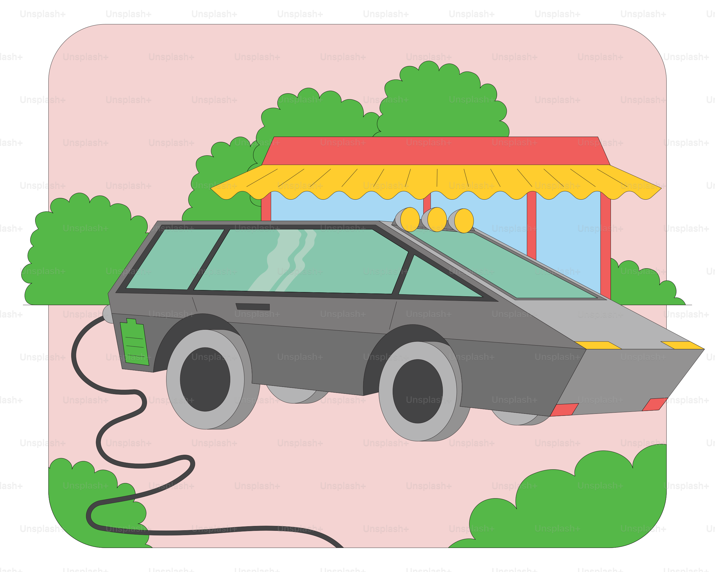 A futuristic car is parked outside a building.