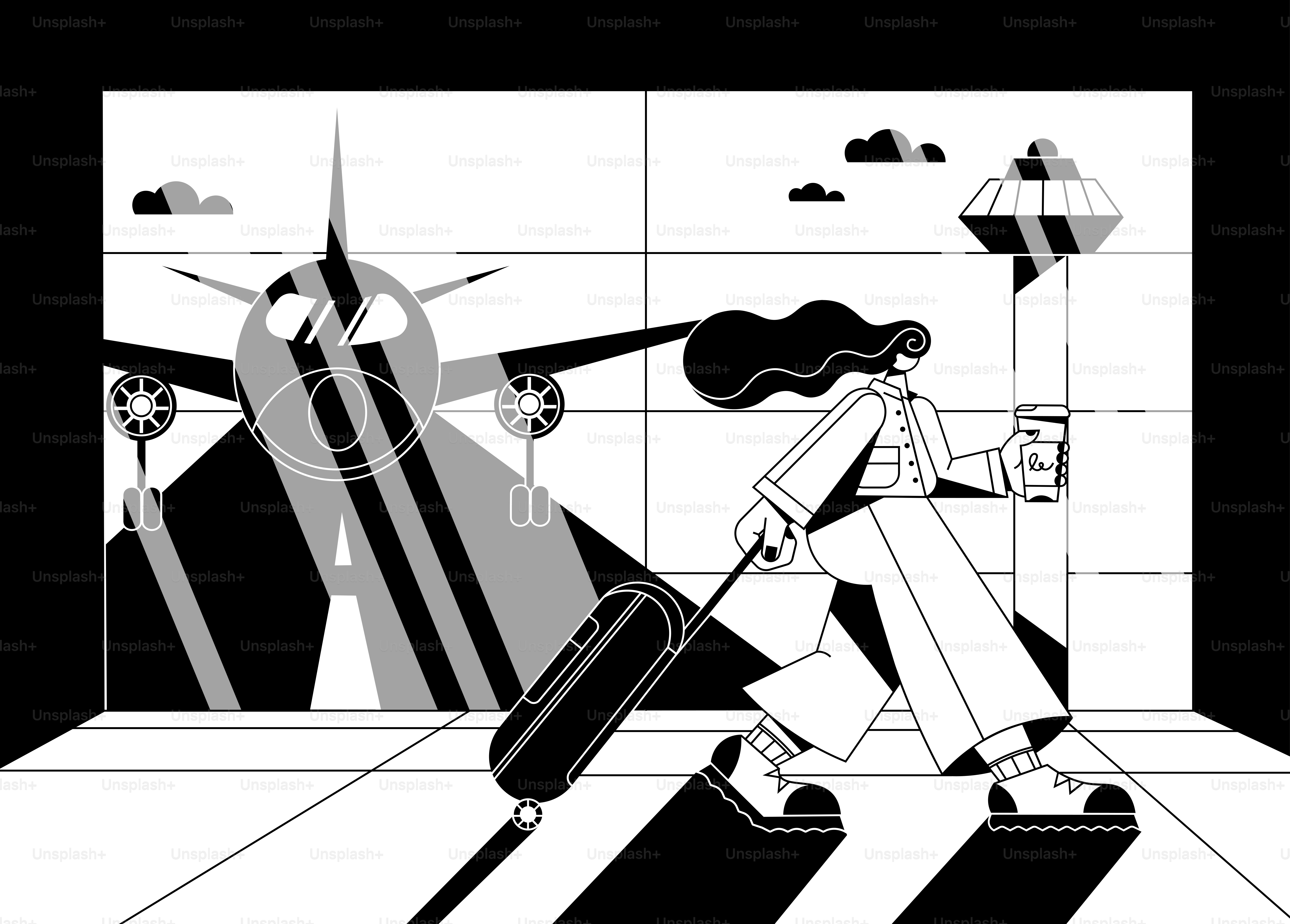 A black and white drawing of a woman with a suitcase