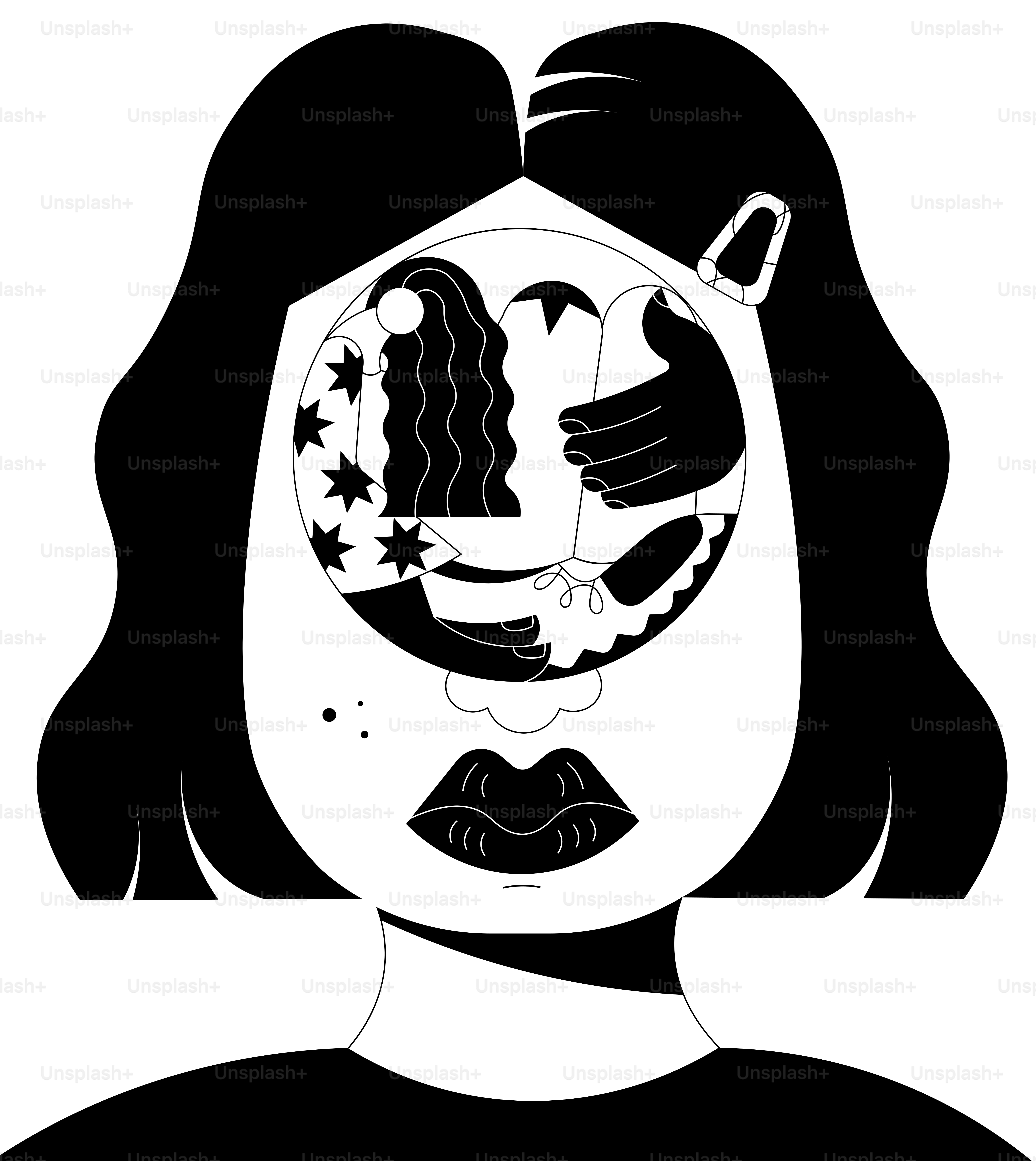 a black and white drawing of a woman's face