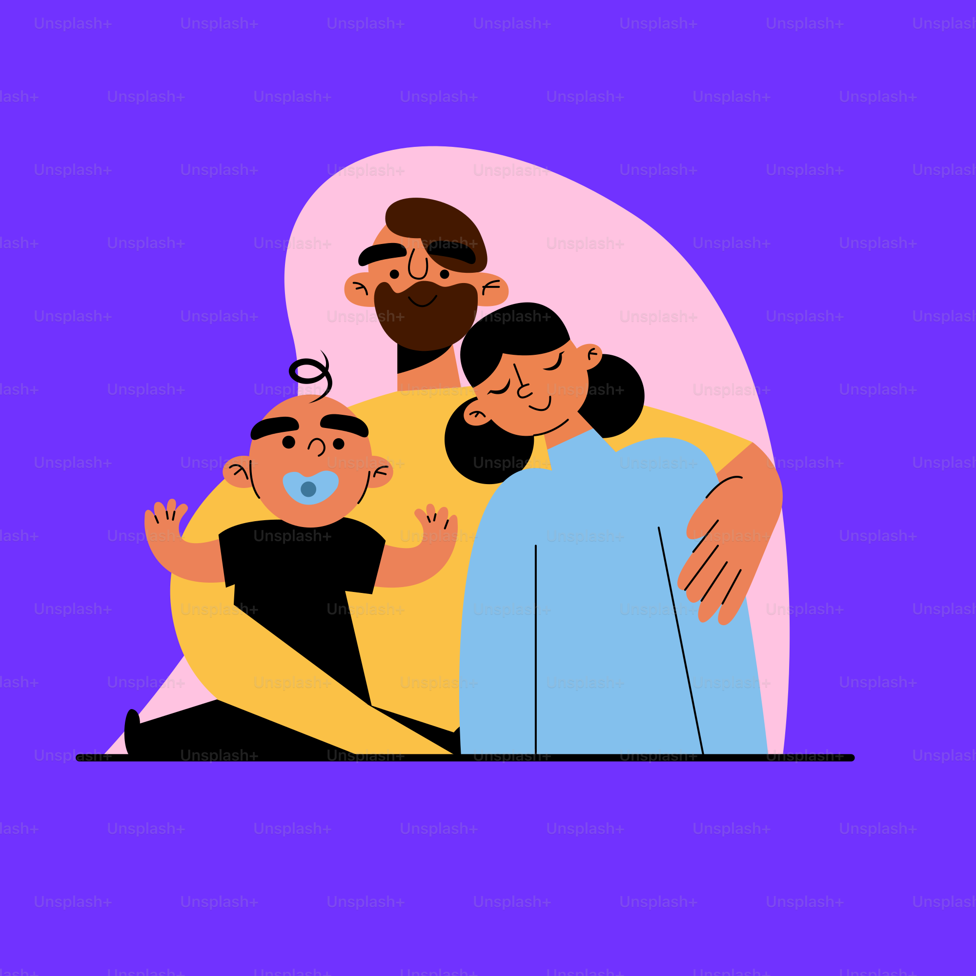 Une famille heureuse avec un bébé sur fond violet