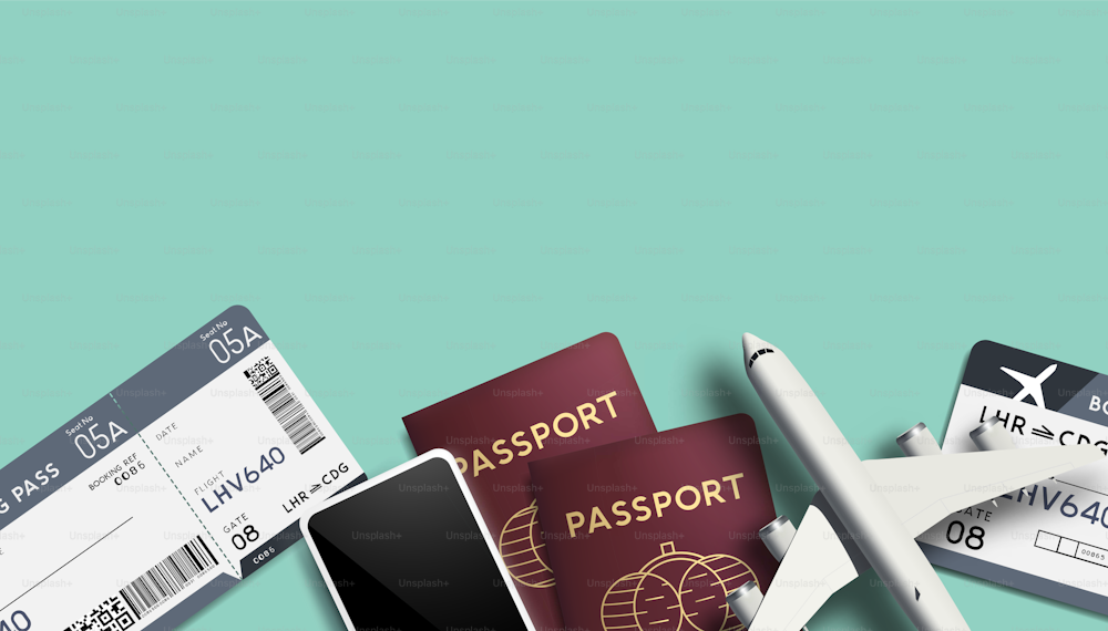 Travel background with passports, airline tickets and toy plane. Vector illustration.