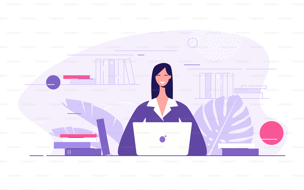 Vector flat style illustration of a young businesswoman with the laptop in office.