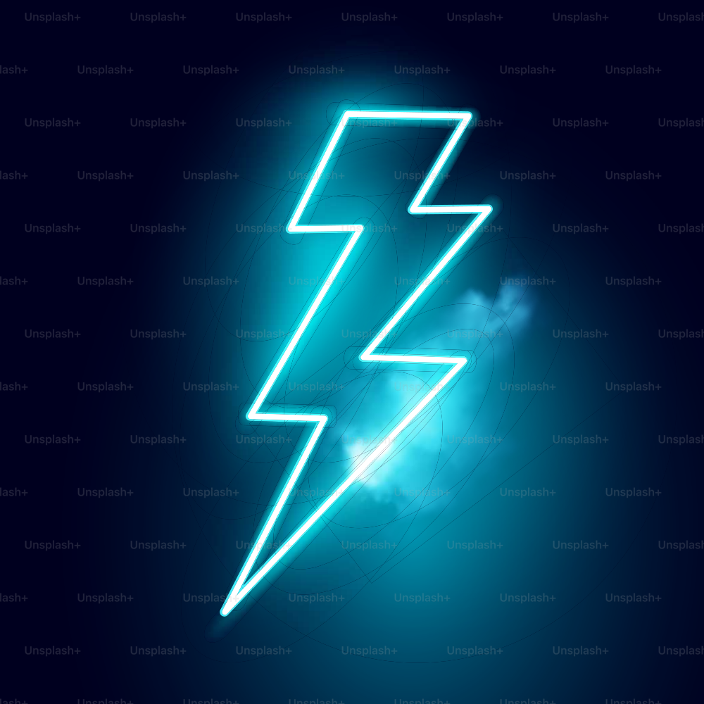 A blue neon electric lightning bolt vector sign.