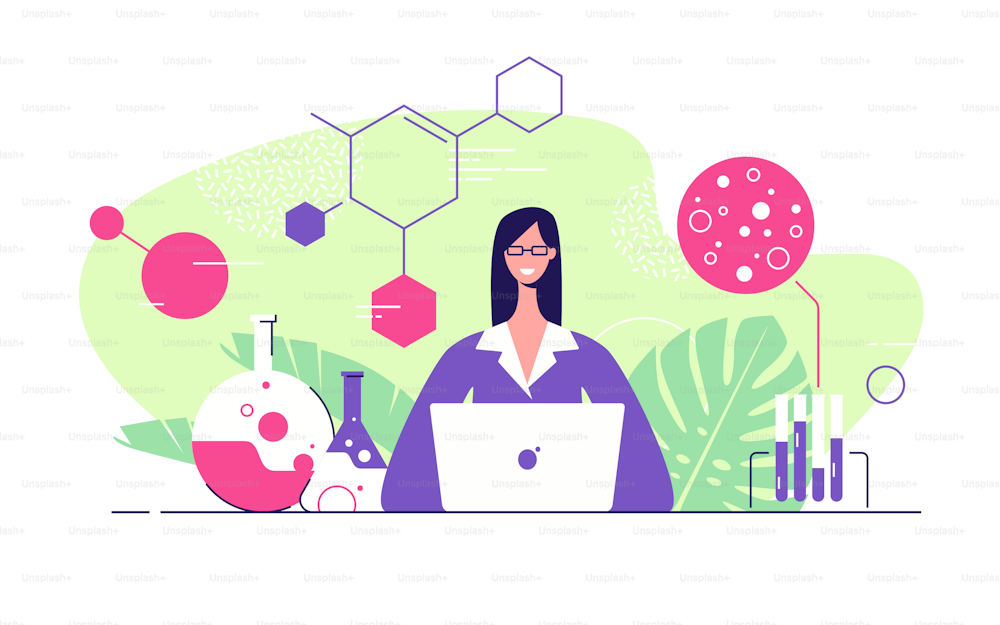 Vector flat style illustration of a young woman scientist with laptop in a medical, research, chemical lab.
