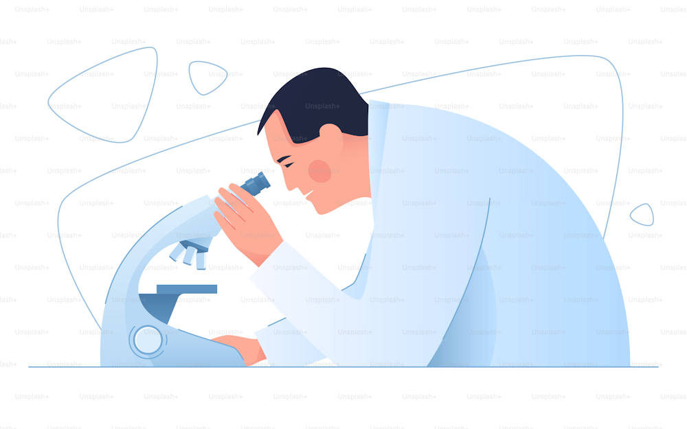 Un científico médico en un laboratorio. Ilustración vectorial sobre el tema de la medicina, la ciencia, la investigación, la microbiología.