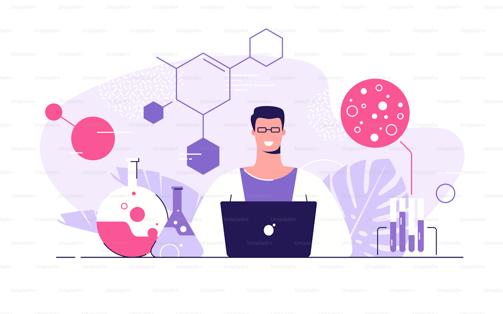 Vector flat style illustration of a young scientist with laptop in a medical, research, chemical lab.