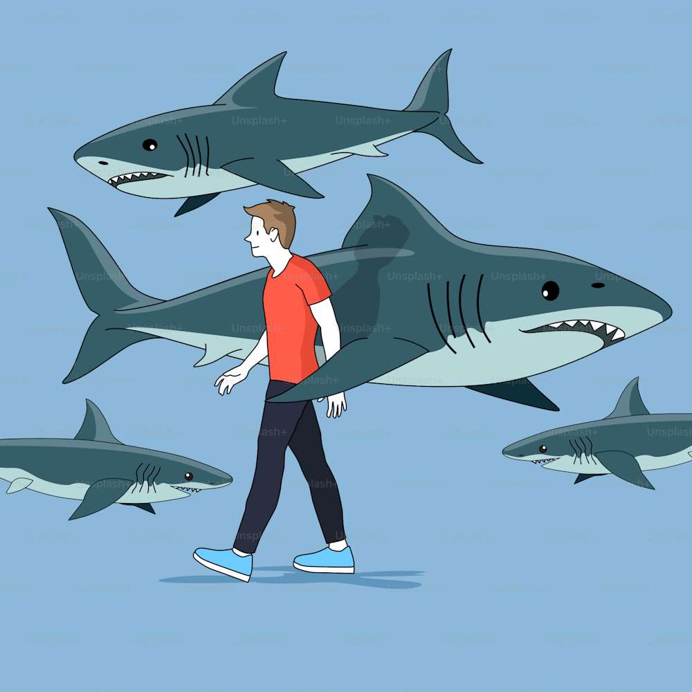 Un uomo che cammina lungo la strada circondato da squali. Illustrazione concettuale vettoriale delle persone.