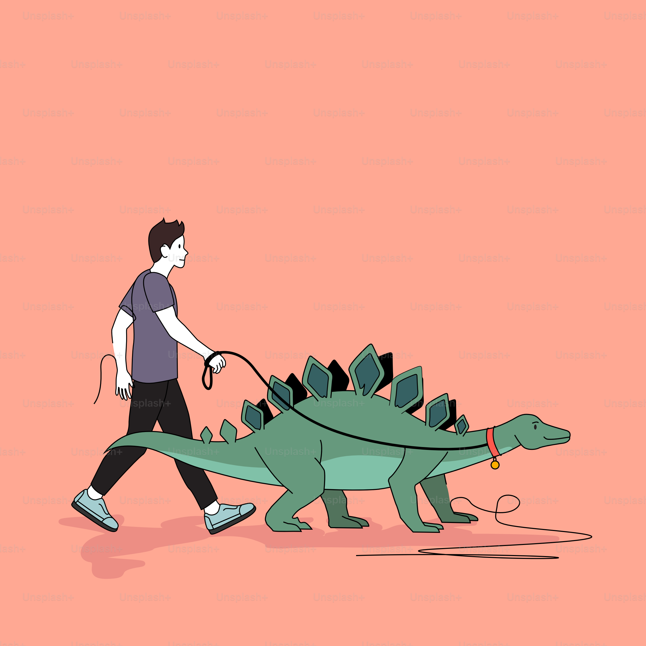 Ein Mann, der mit seinem Haustier Stegosaurus-Dinosaurier im Park spazieren geht. Vektorillustration von Menschenkonzepten
