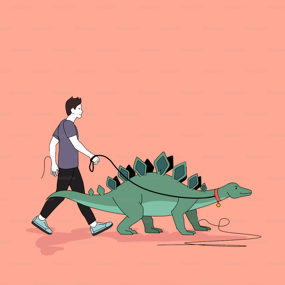 Ein Mann geht mit seinem Haustier, dem Stegosaurus-Dinosaurier, draußen im Park spazieren. Menschen Konzept Vektor Illustration