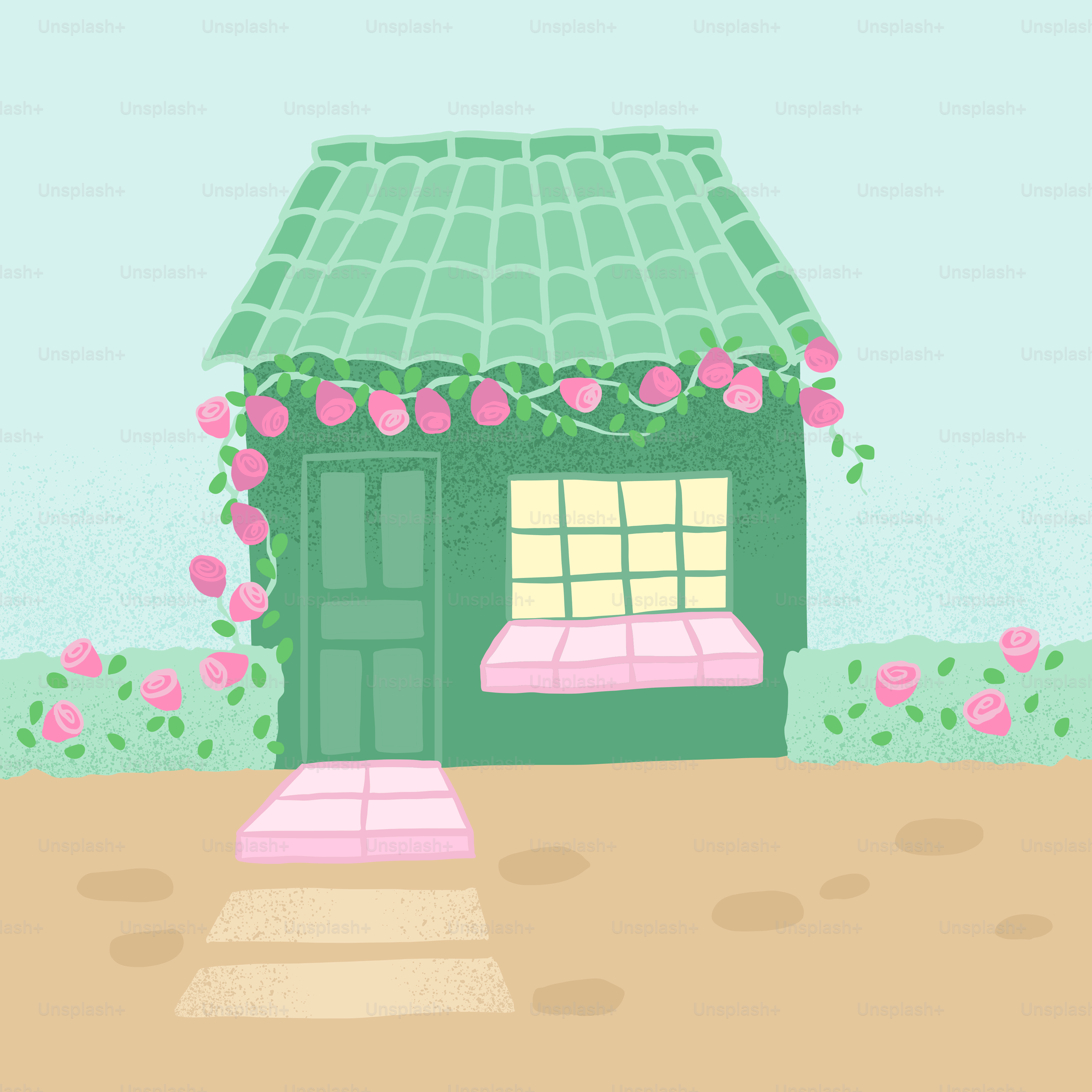 A charming green cottage adorned with pink roses.
