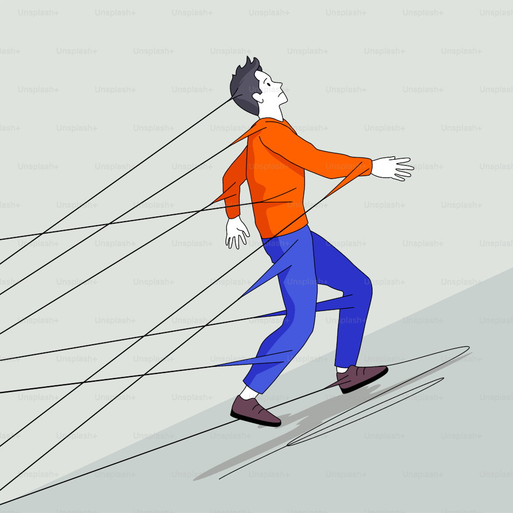 A man trying to walk away but being held back by strings attached to him. People vector illustration concept.