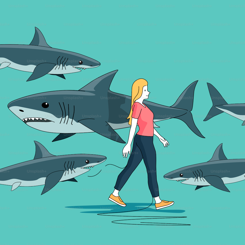 Una donna che cammina circondata da squali. Illustrazione vettoriale del concetto di persone