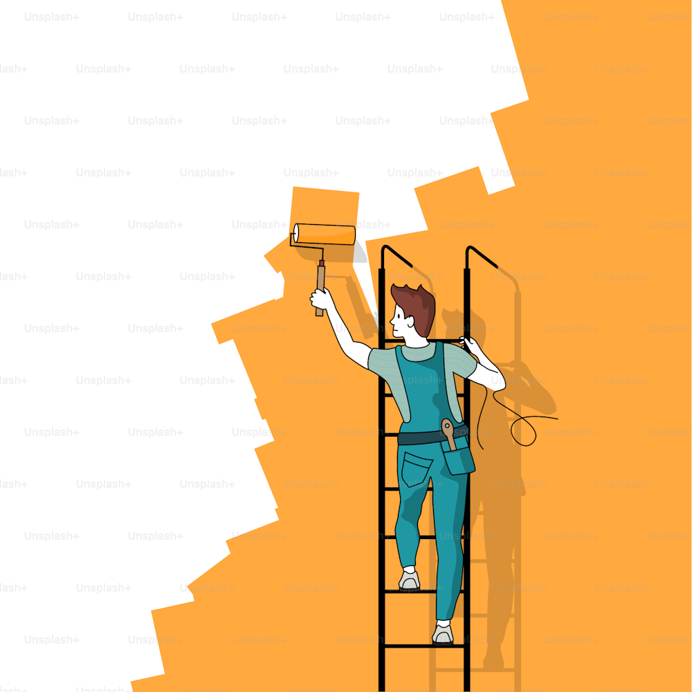 A man on a ladder painting a wall a different colour. People concept vector illustrastion.