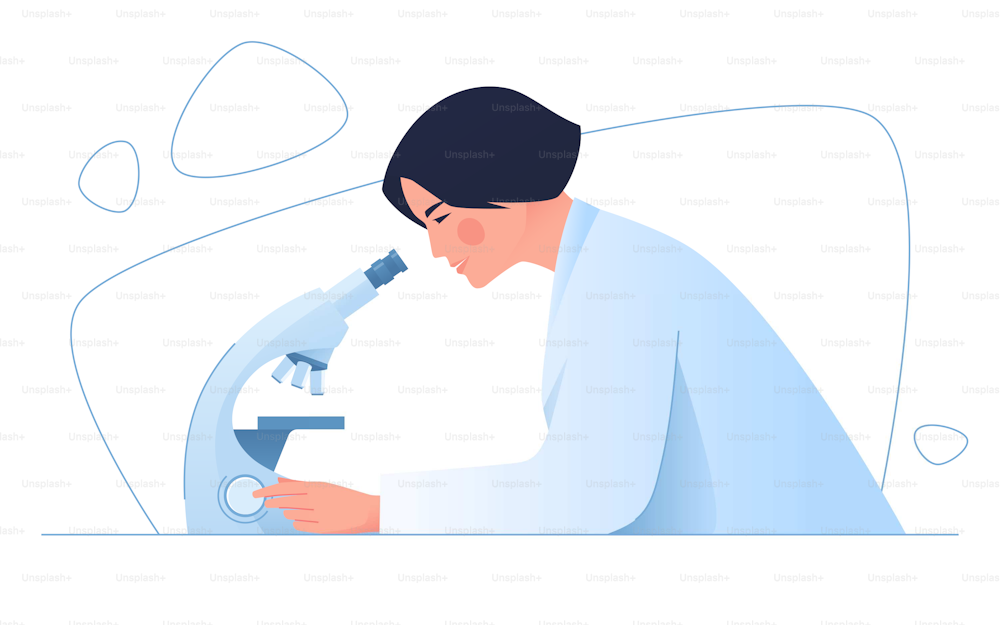Una mujer científica médica en un laboratorio. Ilustración vectorial sobre el tema de la medicina, la ciencia, la investigación, la microbiología.