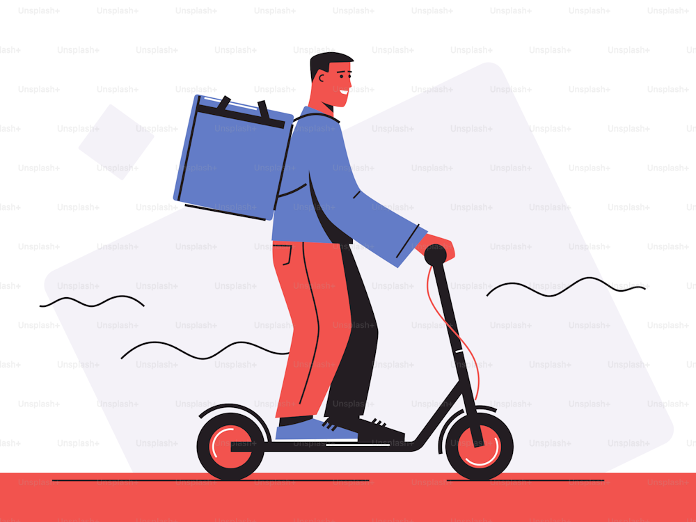 Vector illustration of a food delivery courier riding an electric scooter.