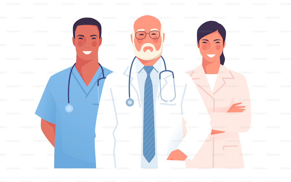 Vector illustration of a medical team, group of physicians, practitioners, doctors.
