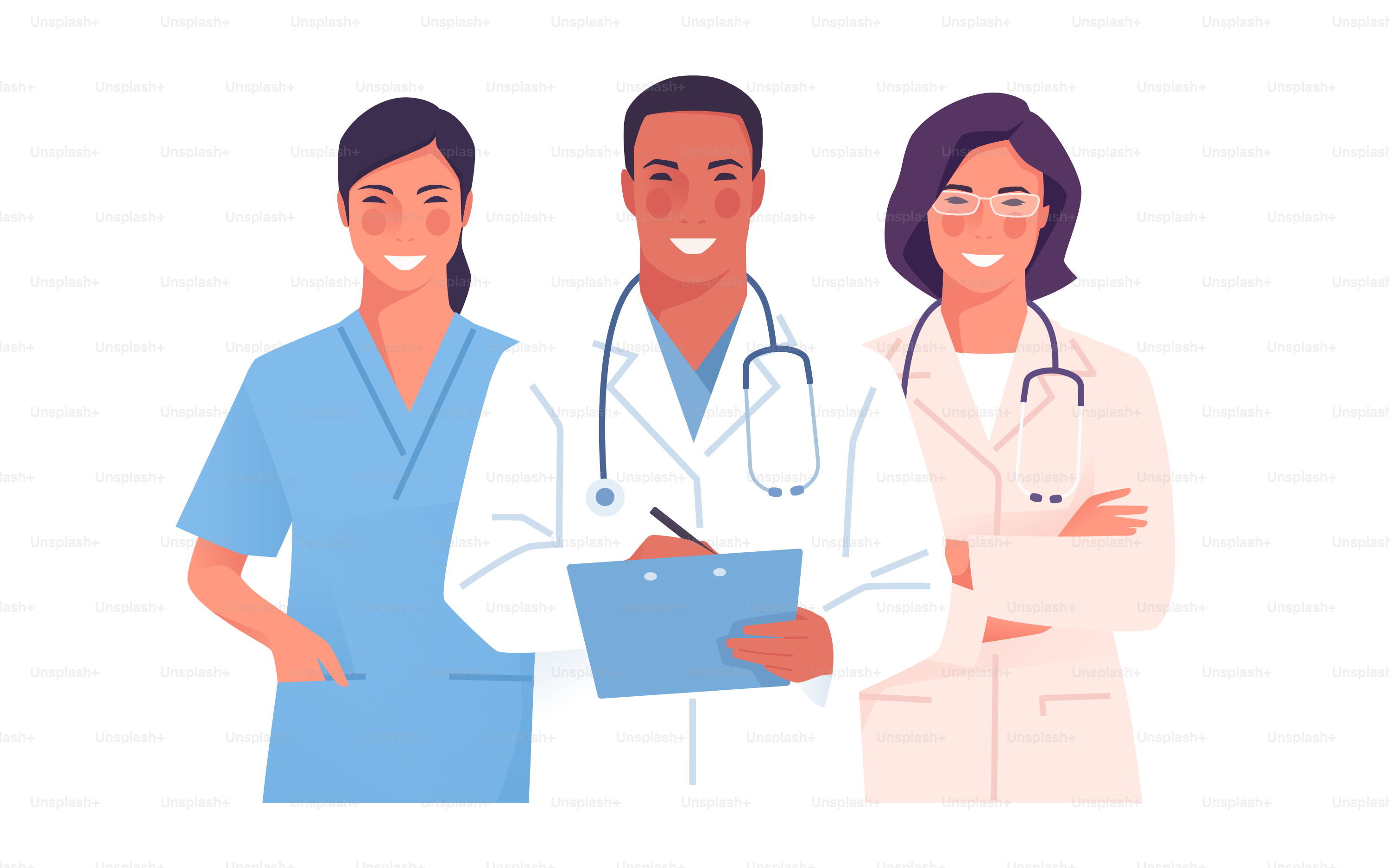 Vector illustration of a medical team, group of physicians, practitioners, doctors.