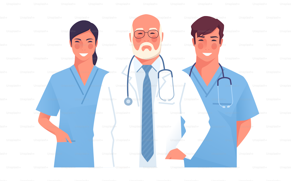Vector illustration of a medical team, group of physicians, practitioners, doctors.