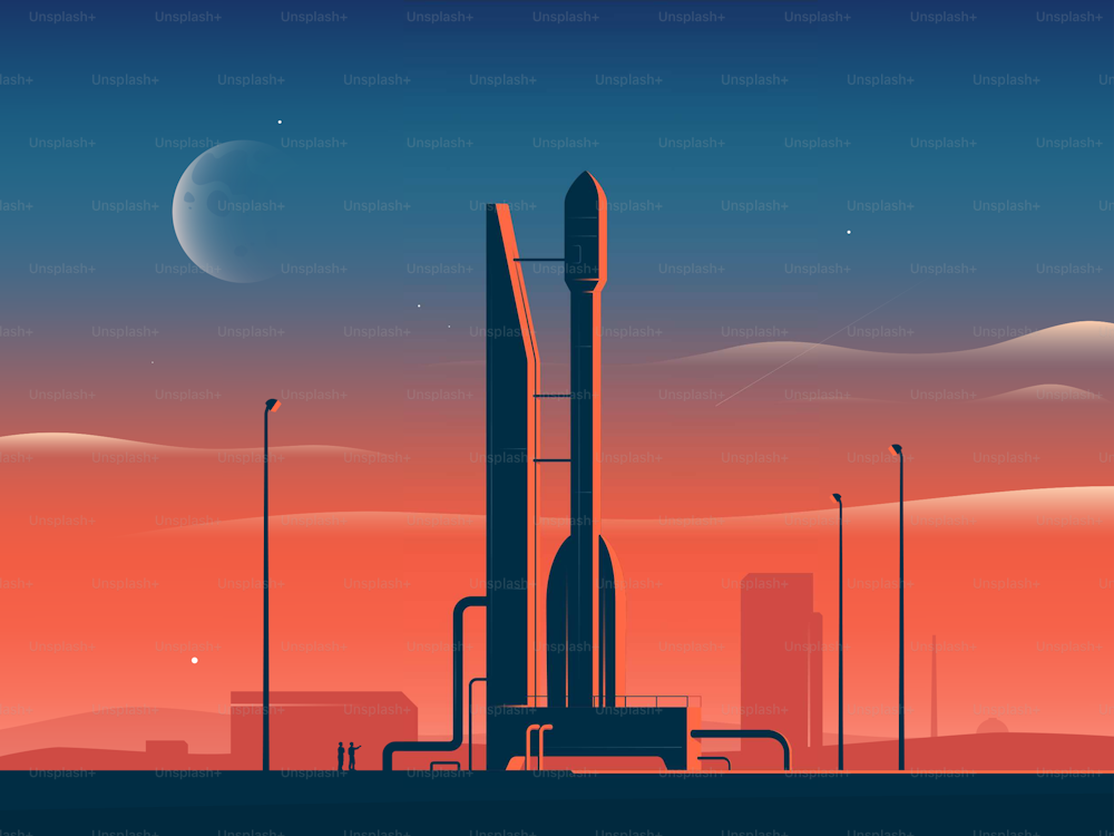 Ilustração vetorial de uma nave espacial de foguete ao pôr do sol se preparando para o lançamento.