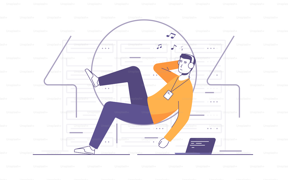 Vector illustration of a relaxed it technician, network engineer listening to the music in a server room. 404 error page.