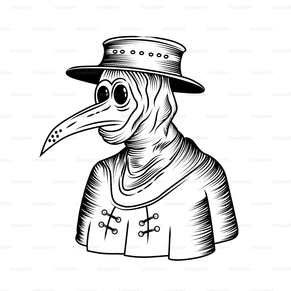 The Black Death - a medieval plague doctor line engraving drawing vector illustration.