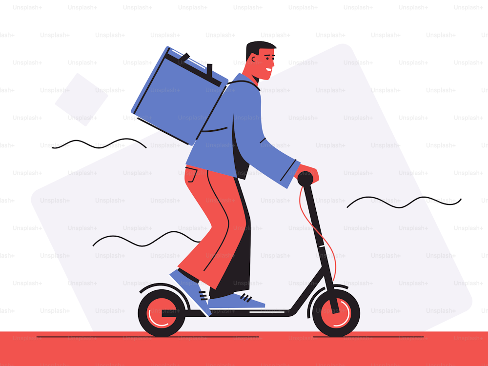 Illustrazione vettoriale di un corriere di consegna di cibo in sella a uno scooter elettrico.