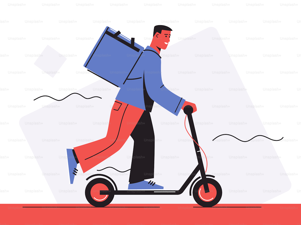 Illustrazione vettoriale di un corriere di consegna di cibo in sella a uno scooter elettrico.