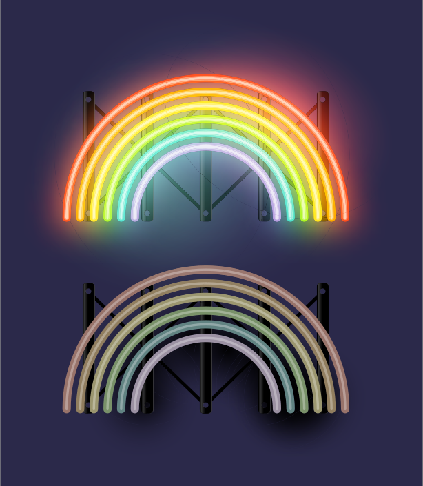 Buntes, regenbogenleuchtendes neonfarbenes Licht mit AN- und AUS-Status. Konzepte von Unterstützung, Liebe und Toleranz. Vektorillustration