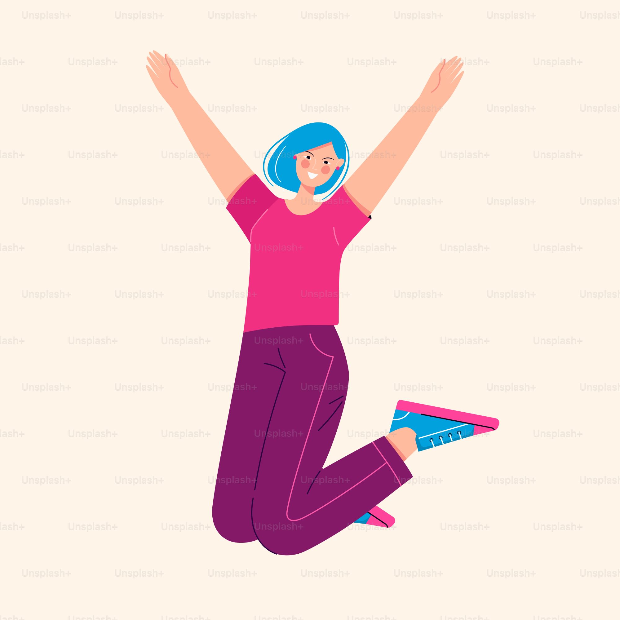Vector illustration of a young happy laughing woman girl jumping in the air and having fun.