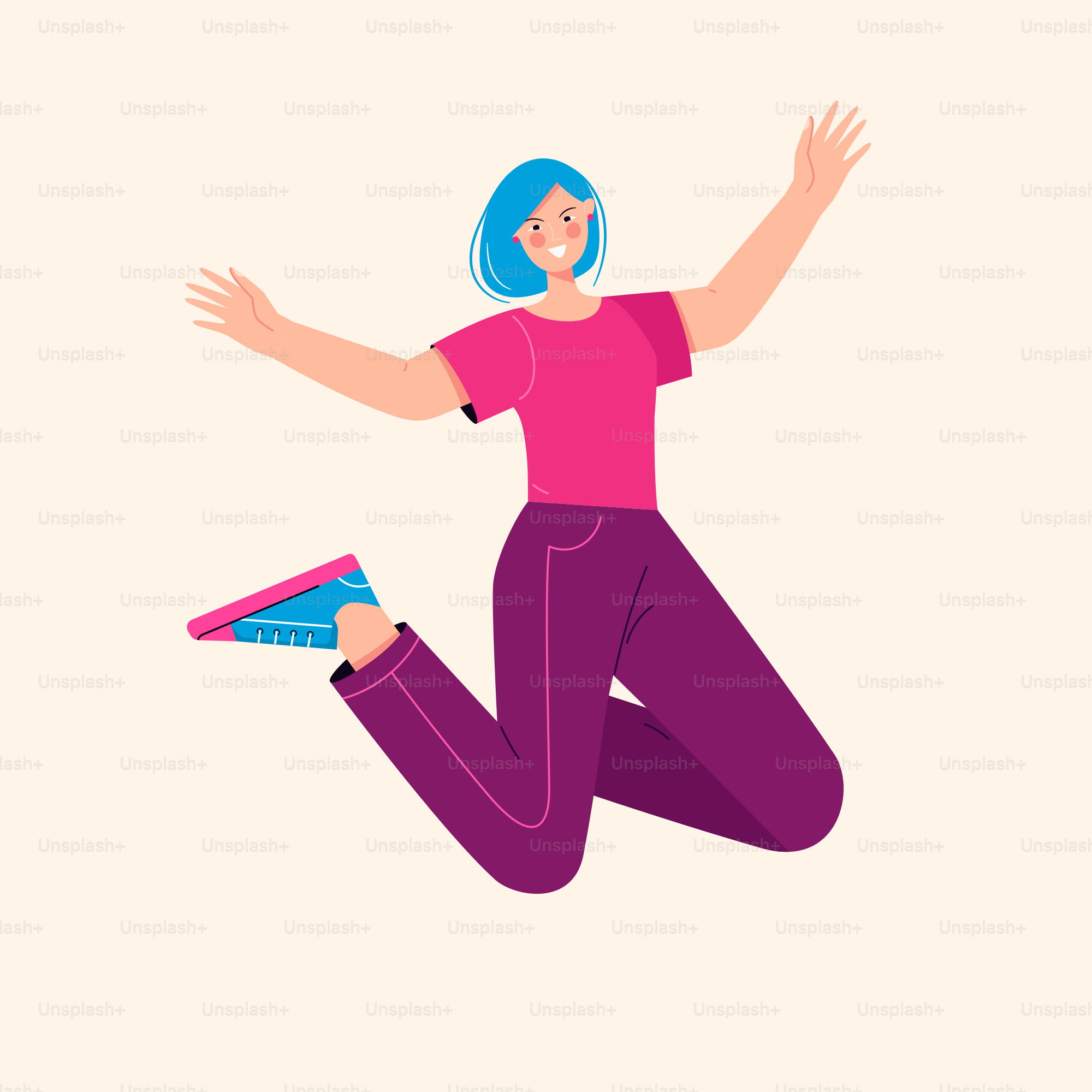 Vector illustration of a young happy laughing woman girl jumping in the air and having fun.