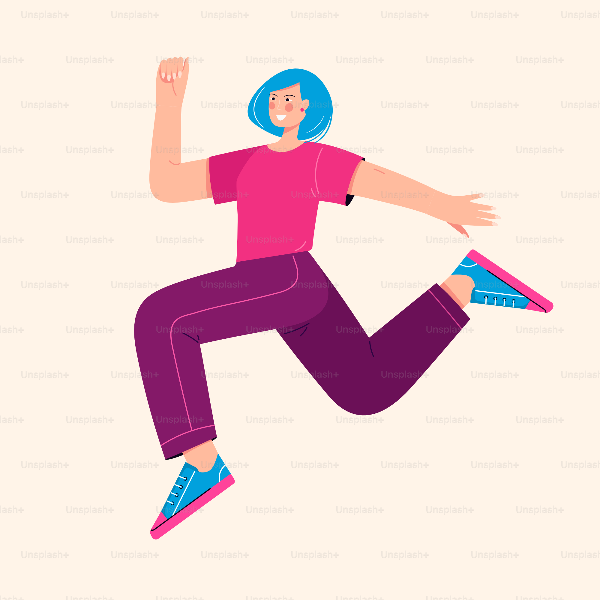Vector illustration of a young happy laughing woman girl jumping in the ...
