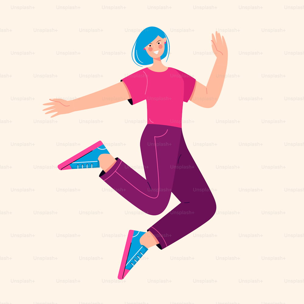 Vector illustration of a young happy laughing woman girl jumping in the air and having fun.