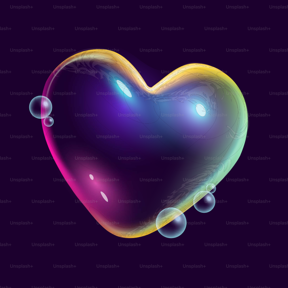 Una pompa de jabón flotante de colores del arco iris en forma de corazón. Ilustración vectorial creativa