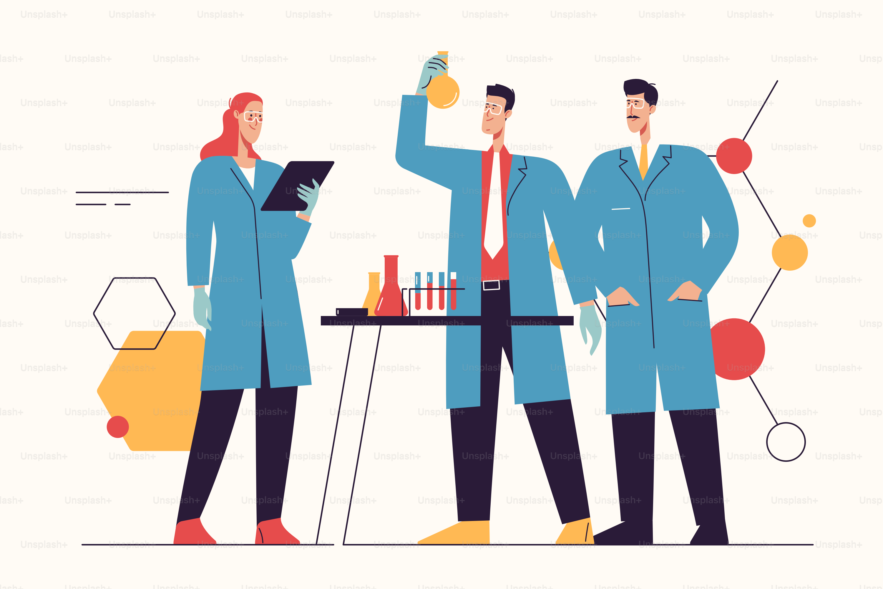 Ilustração vetorial retratando um grupo de cientistas trabalhando, fazendo testes, pesquisando em um laboratório. Traço editável.