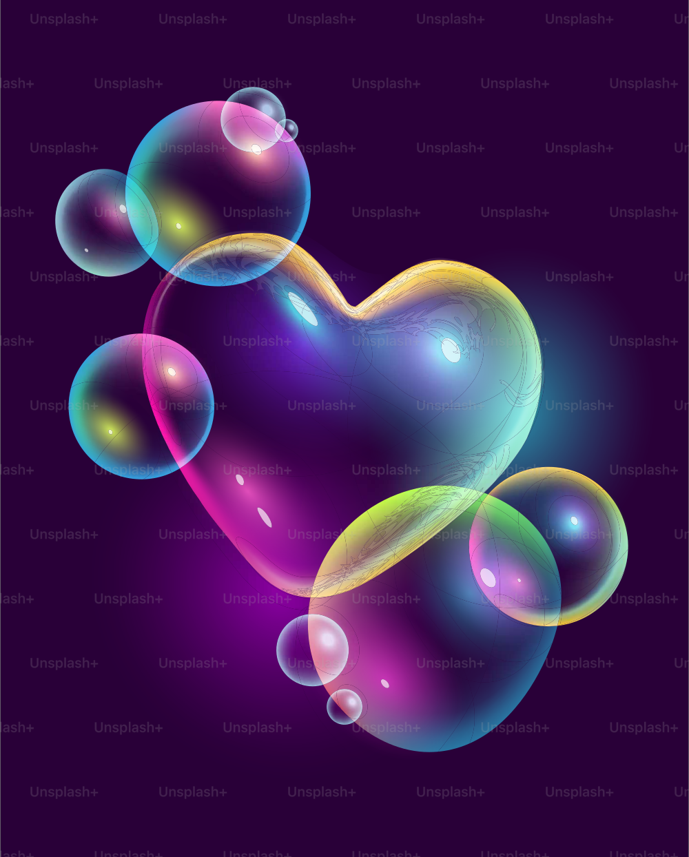 Colourful abstract rainbow bubbles with a love heart Realistic Vector illustration.
