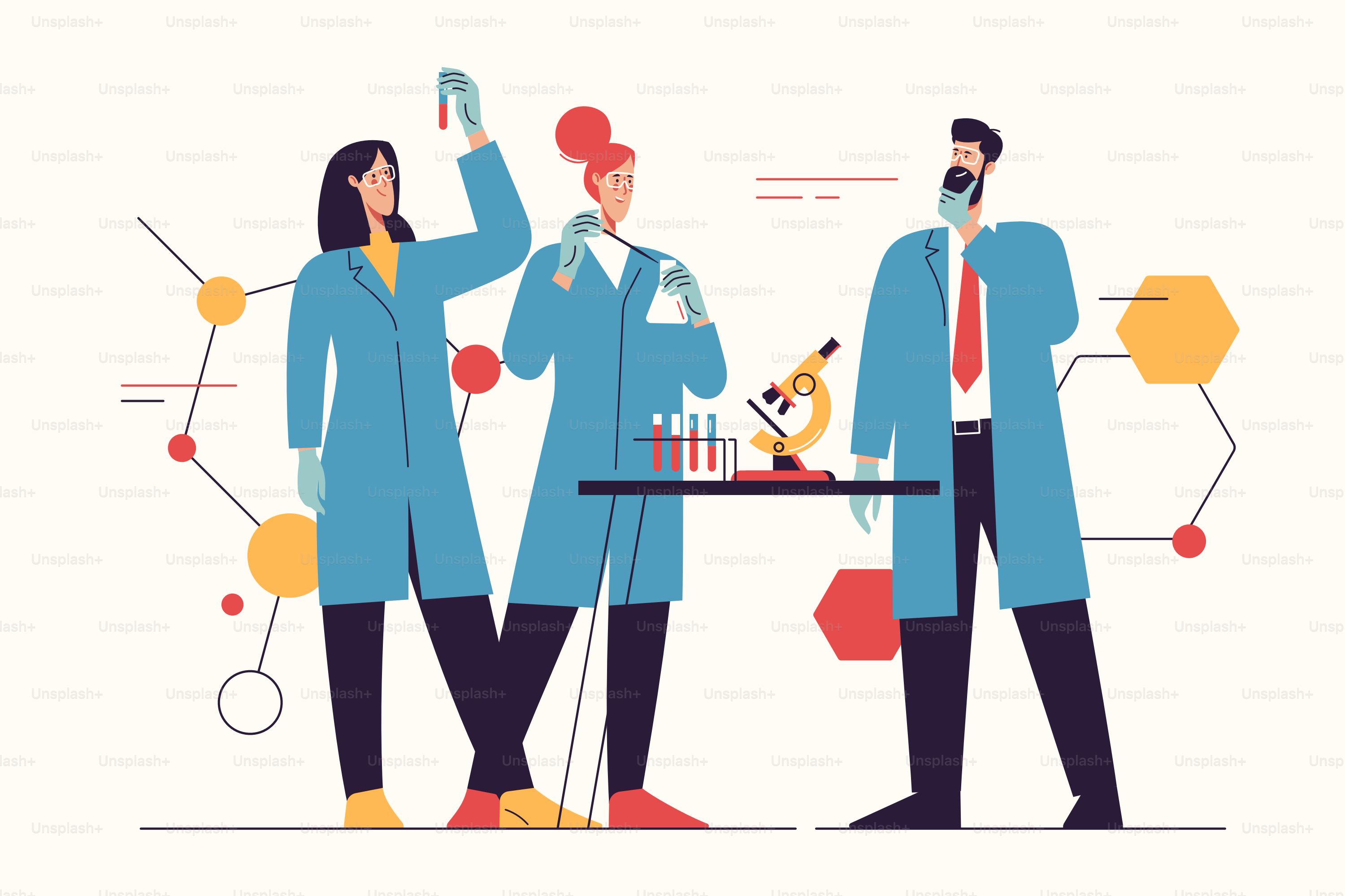 Ilustração vetorial retratando um grupo de cientistas trabalhando, fazendo testes, pesquisando em um laboratório. Traço editável.