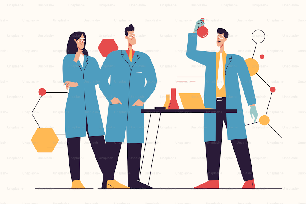 Vector illustration depicting a group of scientists working, making tests, researching in a laboratory. Editable stroke.