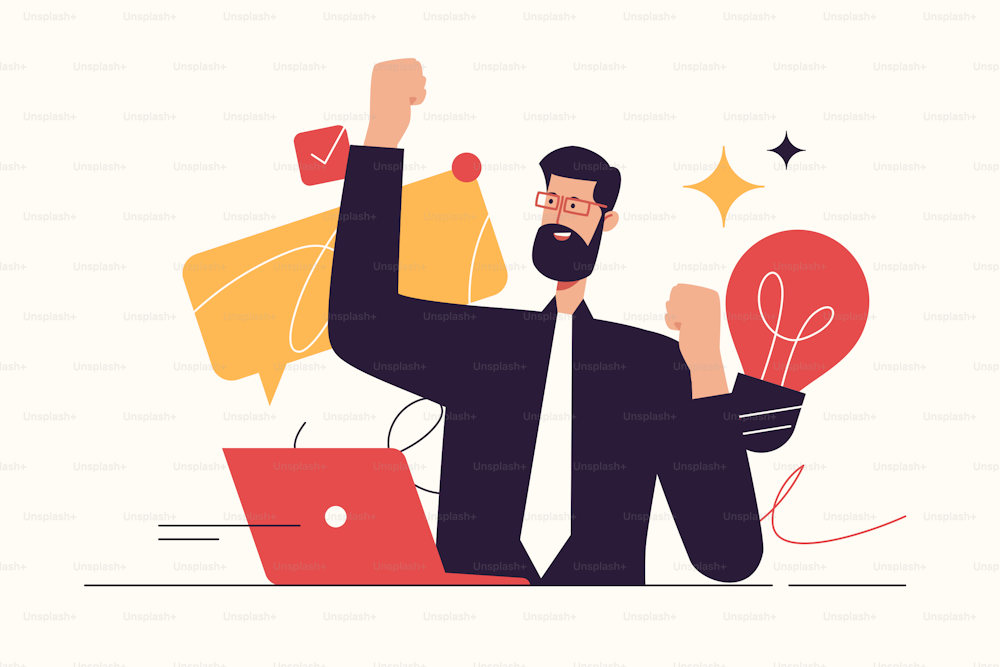 Vector illustration depicting a happy businessman finding an effective solution. Editable stroke.