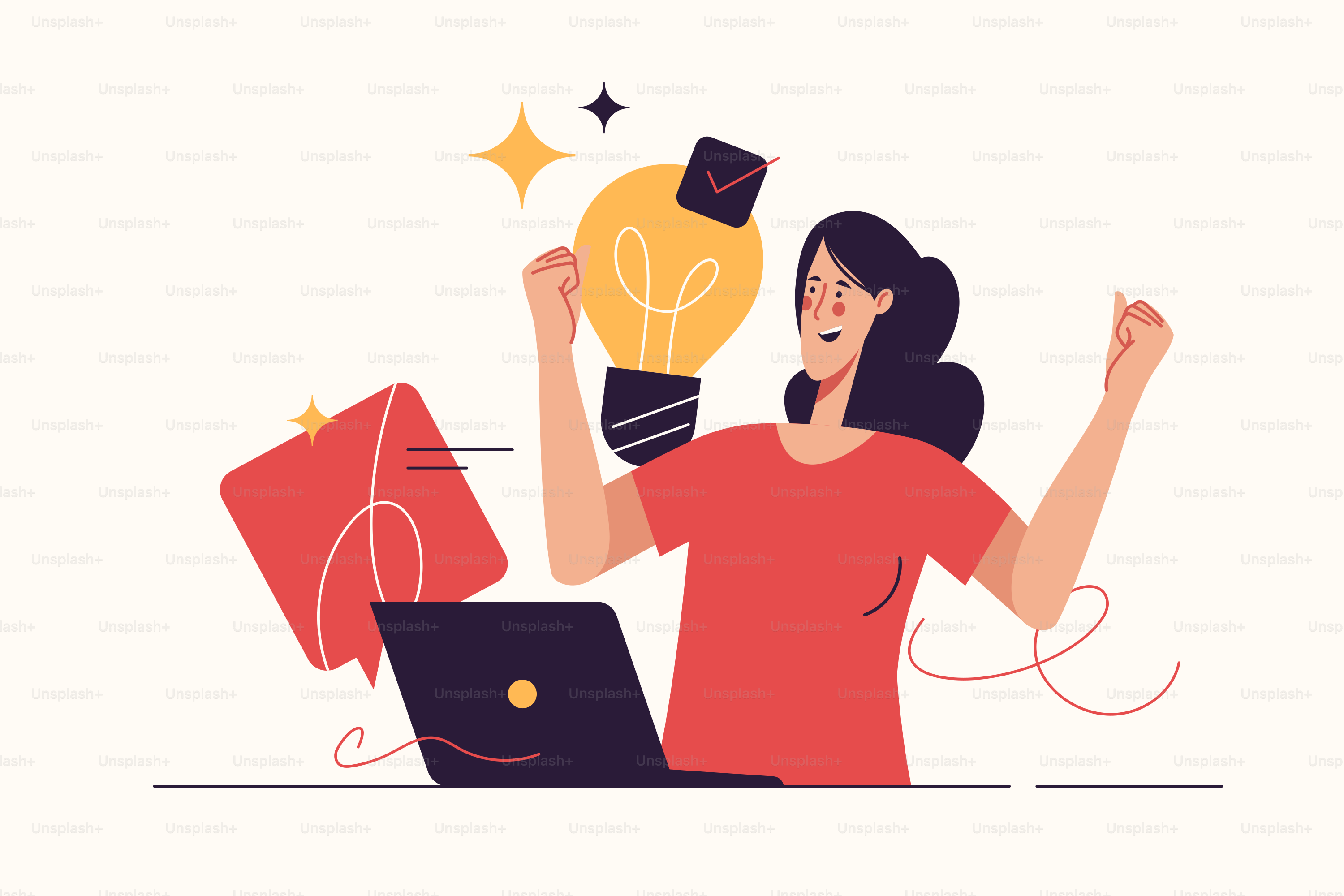 Vector illustration depicting a happy young woman finding an effective solution. Editable stroke.