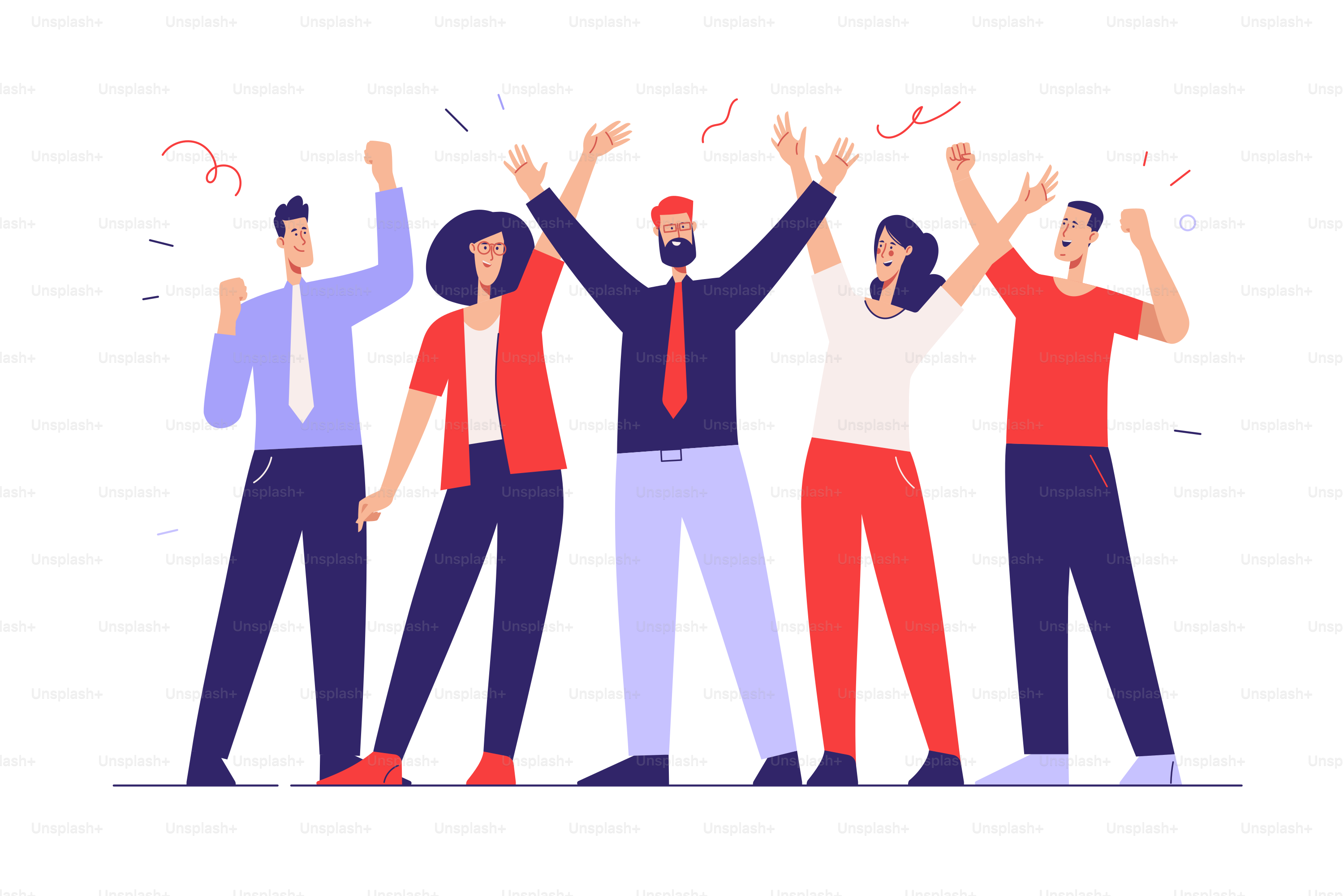 Ilustración vectorial que representa a un grupo de empresarios celebrando el éxito. Trazo editable.