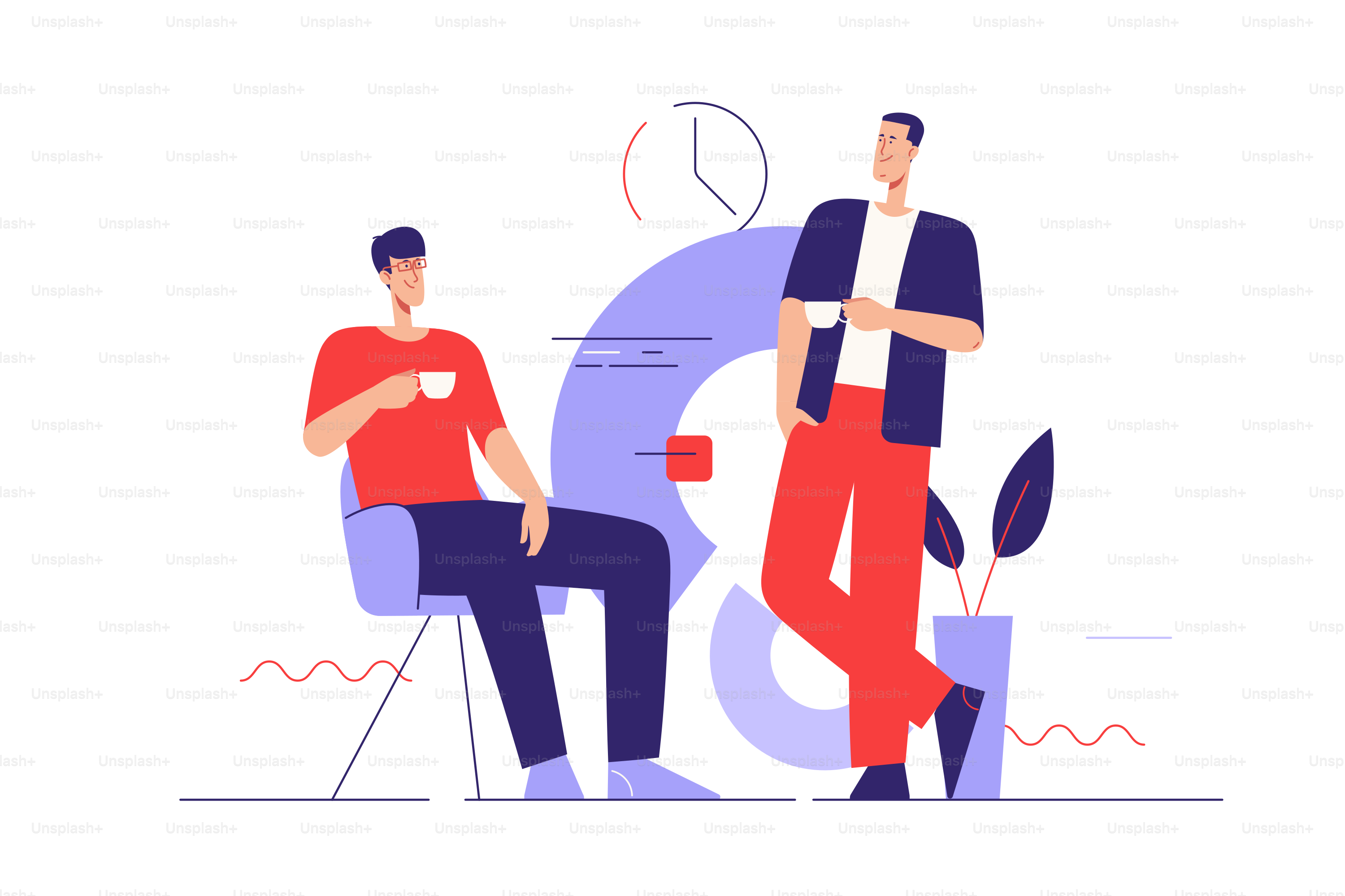 コーヒーブレイクとコミュニケーションをテーマにしたベクトル図。編集可能なストローク。